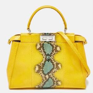 Pre Owned Fendi Yellow Python Medium Peekaboo Top Handle Bag