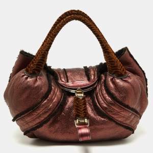 Pre Owned Fendi Metallic Burgundy/Brown Leather and Velvet Spy Bag