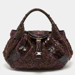 Fendi Dark Brown/Purple Patent Leather and Fabric Sequins Spy Hobo