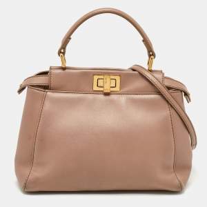 Pre Owned Fendi Beige Leather Mini Peekaboo Top Handle Bag