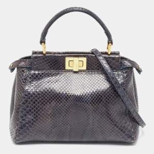 Fendi Navy Blue Python Mini Peekaboo Top Handle Bag
