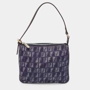 Fendi Blue/Brown Zucchino Canvas and Leather Zip Pochette Bag