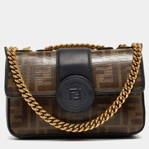 Pre Owned Fendi Tobacco Zucca Coated Canvas and Leather 1974 FF Flap Crossbody Bag