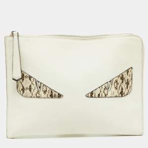 Pre Owned Fendi Off White/Brown Leather and Watersnake Leather Monster Eyes Zip Pouch