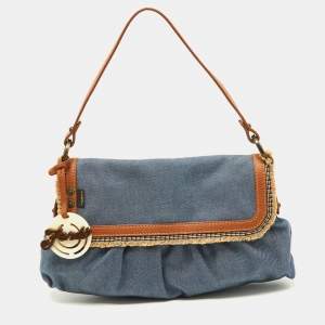Pre Owned Fendi Blue/Tan Denim and Leather Chef Shoulder Bag