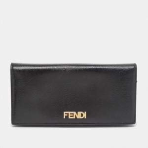 Pre Owned Fendi Black Glossy Leather Logo Flap Continental Wallet