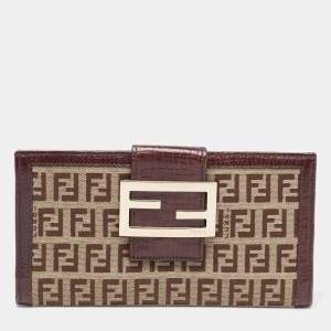 Pre Owned Fendi Beige/Brown Zucca Canvas and Leather Bi-fold Continental Wallet