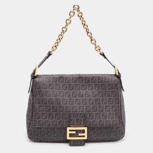 Pre Owned Fendi Brown Zucchino Coated Canvas Mama Baguette Bag