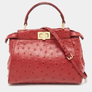 Pre Owned Fendi Red Ostrich Leather Mini Peekaboo Top Handle Bag