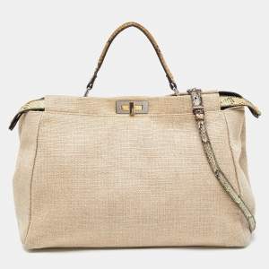 Fendi Cream Canvas and Leather Extra Large Peekaboo Top Handle Bag