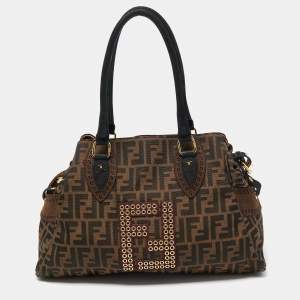 Pre Owned Fendi Tobacco/Black Zucca Canvas and Nubuck FF Eyelet Chef De Jour Bag