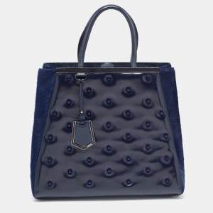 Pre Owned Fendi Navy Blue Patent, Leather and Calfhair Large Studded 2jours Tote