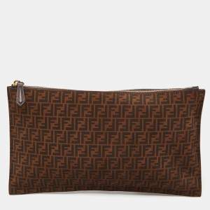 Pre Owned Fendi Tobacco Zucca Suede Flat Zip Pouch