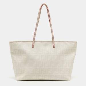 Pre Owned Fendi White/Grey Zucca Coated Canvas and Leather Large Roll Tote