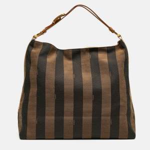 Pre Owned Fendi Tobacco/Black Canvas and Leather Large Pequin Striped Hobo