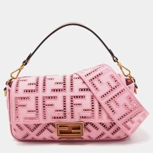 Fendi Pink FF Openwork Embroidered Canvas Medium Baguette Bag