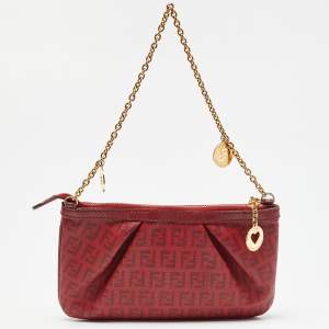 Pre Owned Fendi Red Zucchino Coated Canvas and Leather Charm Chain Pochette 