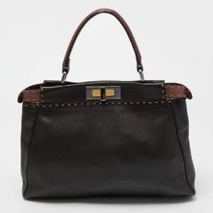 Pre Owned Fendi Dark Brown Leather Small Peekaboo Top Handle Bag