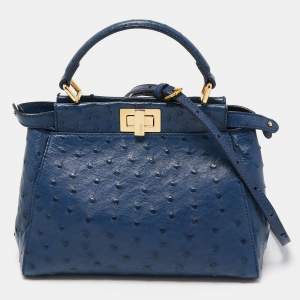 Pre Owned Fendi Navy Blue Ostrich Leather Mini Peekaboo Top Handle Bag