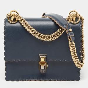 Pre Owned Fendi Navy Blue Leather Mini Scalloped Kan I Shoulder Bag