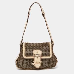 Fendi Beige Zucchino Fabric and Leather Logo Flap Bag