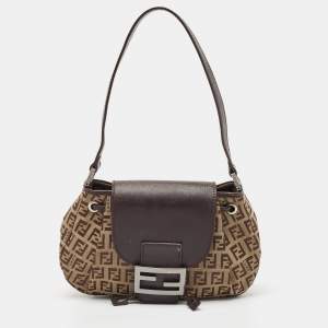 Pre Owned Fendi Ebene/Tobacco Zucchino Canvas and Leather Baguette Hobo