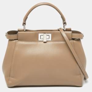 Pre Owned Fendi Beige Leather Mini Peekaboo Top Handle Bag