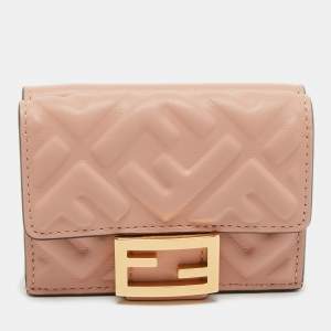 Pre Owned Fendi Pink FF Diagonal Embossed Leather Micro Baguette Trifold Wallet