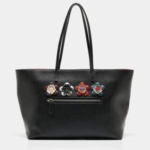 Pre Owned Fendi Black/Pink Leather Medium Flowerland Roll Tote