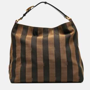 Pre Owned Fendi Tobacco/Black Pequin Stripe Canvas Hobo