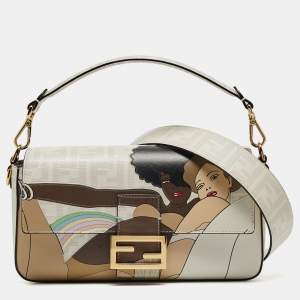 Fendi White FF Glazed Coated Canvas and Leather Inlay Baguette Shoulder Bag