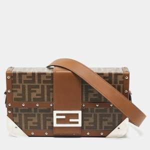 Pre Owned Fendi Brown Zucca Canvas and Leather Medium Trunk Baguette 