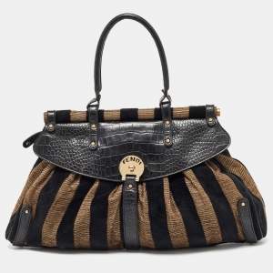 Fendi Black/Beige Pequin Striped Velvet and Croc Embossed Leather Magic Top Handle Bag