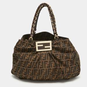 Pre Owned Fendi Tobacco Zucca Canvas And Patent Leather Large Mia Shoulder Bag