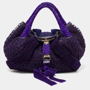 مملوكة مسبقًا Fendi Purple Mesh,Velvet and Alligator Pearl Embellished Spy Hobo