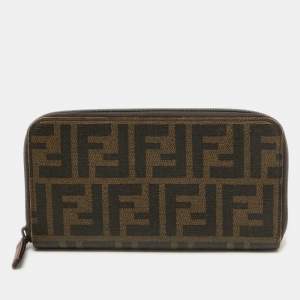 Pre Owned Fendi Tobacco Zucca Coated Canvas Zip Around Wallet