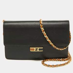 Pre Owned Fendi Black/Tan Leather FF Flap Wallet On Chain