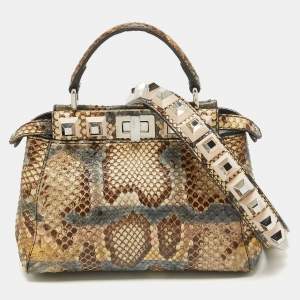 Fendi Beige/Multicolor Python Mini Applique Peekaboo Top Handle Bag