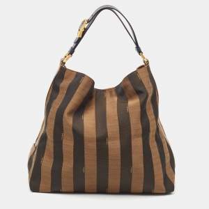 Pre Owned Fendi Tobacco Pequin Stripe Canvas and Leather Hobo