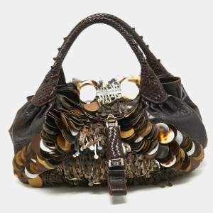 Pre Owned Fendi Choco Brown Leather and Zucca Canvas Embellished Spy Bag