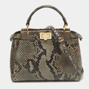 Pre Owned Fendi Black/Pale Green Python Mini Peekaboo Top Handle Bag