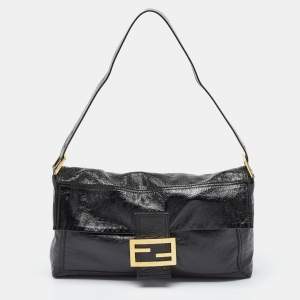 Fendi Black Patent Leather Large Convertible Baguette Bag