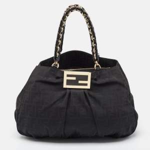 Pre Owned Fendi Black Zucca Fabric and Patent Leather Large Mia Hobo