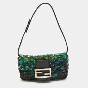 Fendi Green/Black Sequins and Leather Baguette Pochette Bag