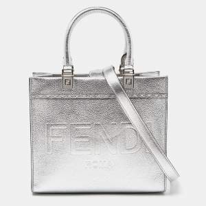 Pre Owned Fendi Silver Laminated Leather Small Sunshine Tote