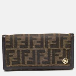 Pre Owned Fendi Tobacco Zucca Canvas and Leather Flap Continental Wallet