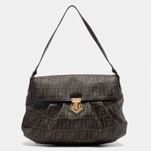 Pre Owned Fendi Tobacco Zucca Coated Canvas and Leather Pushlock Flap Bag