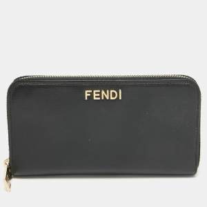 Pre Owned Fendi Black Leather Logo Zip Around Continental Wallet