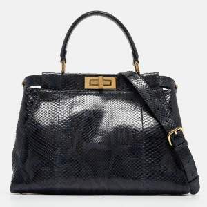 Pre Owned Fendi Blue Shine Python Regular Peekaboo Top Handle Bag