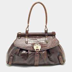 Pre Owned Fendi Choco Brown Crocodile and Leather Magic Top Handle Bag